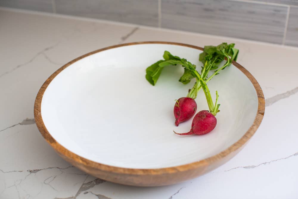 Wood & White Salad Bowl+Servers Set, Large