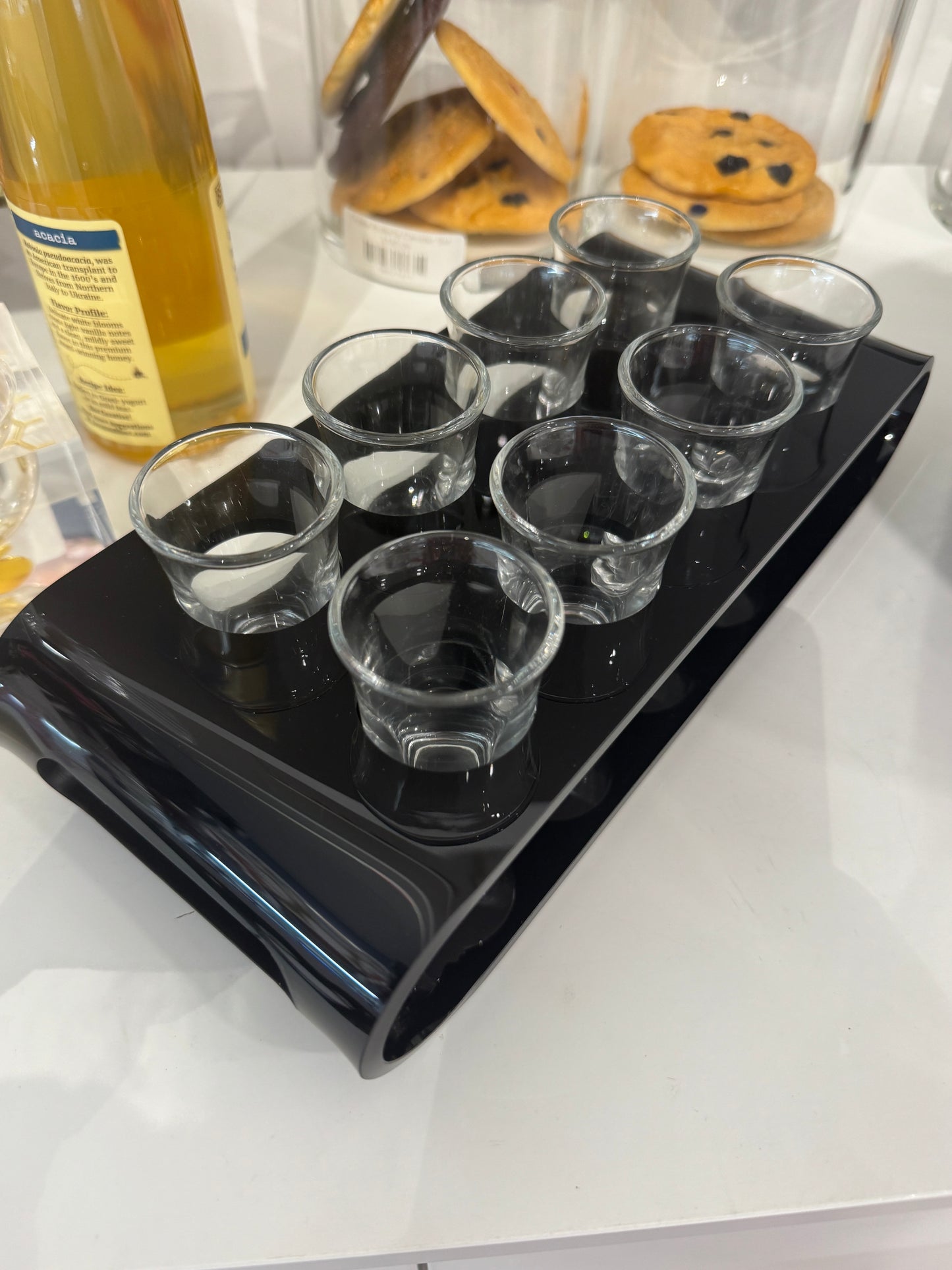 Set of 8 Shot Glasses with Gold-Edges Acrylic Holder