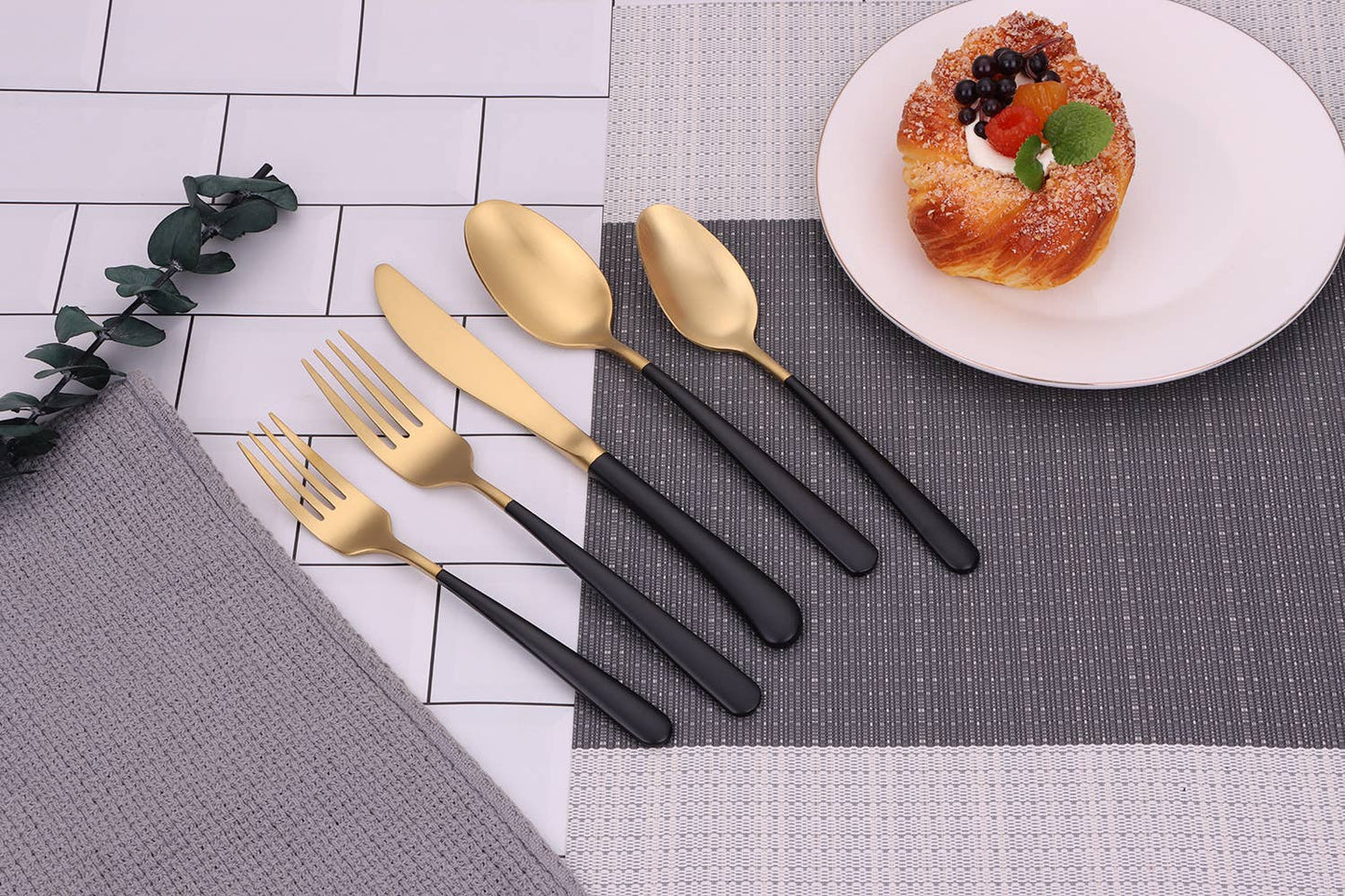 Coloblock 20 Pc Flatware Set with Black Handles, Service 4- clearance