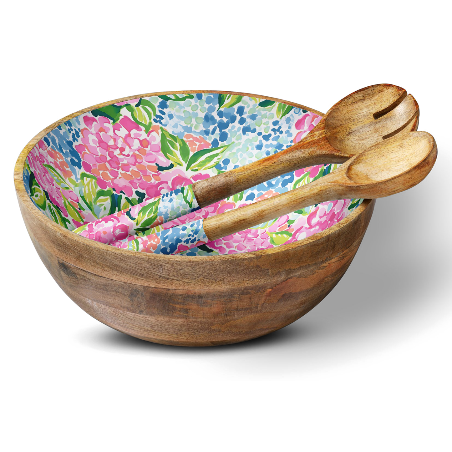Mango Wood Salad Bowl & Servers - Hydrangeas