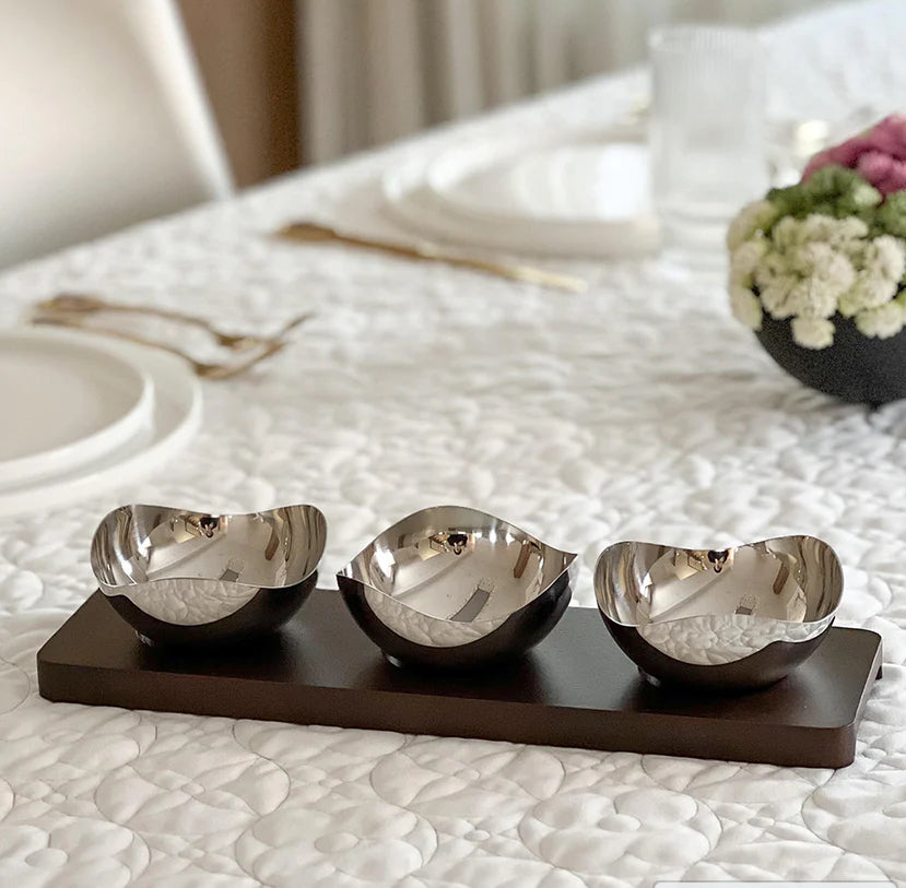 Dip Bowls w/ Espresso Wood Tray