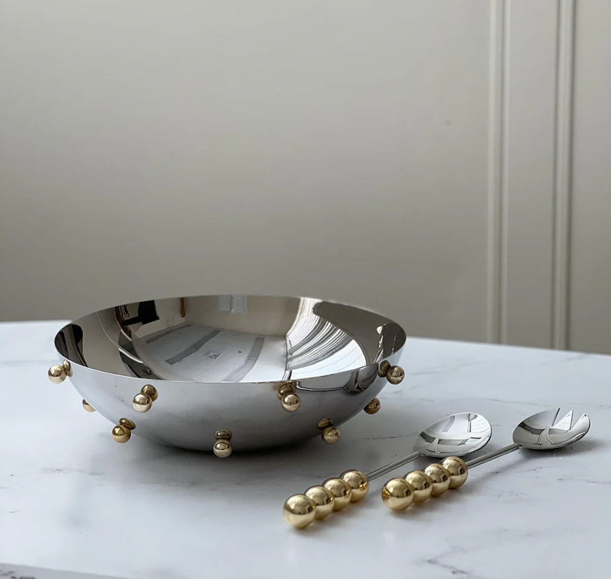 Stainless Steel Gold Ball Salad Bowl w/ Servers