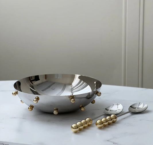 Stainless Steel Gold Ball Salad Bowl w/ Servers