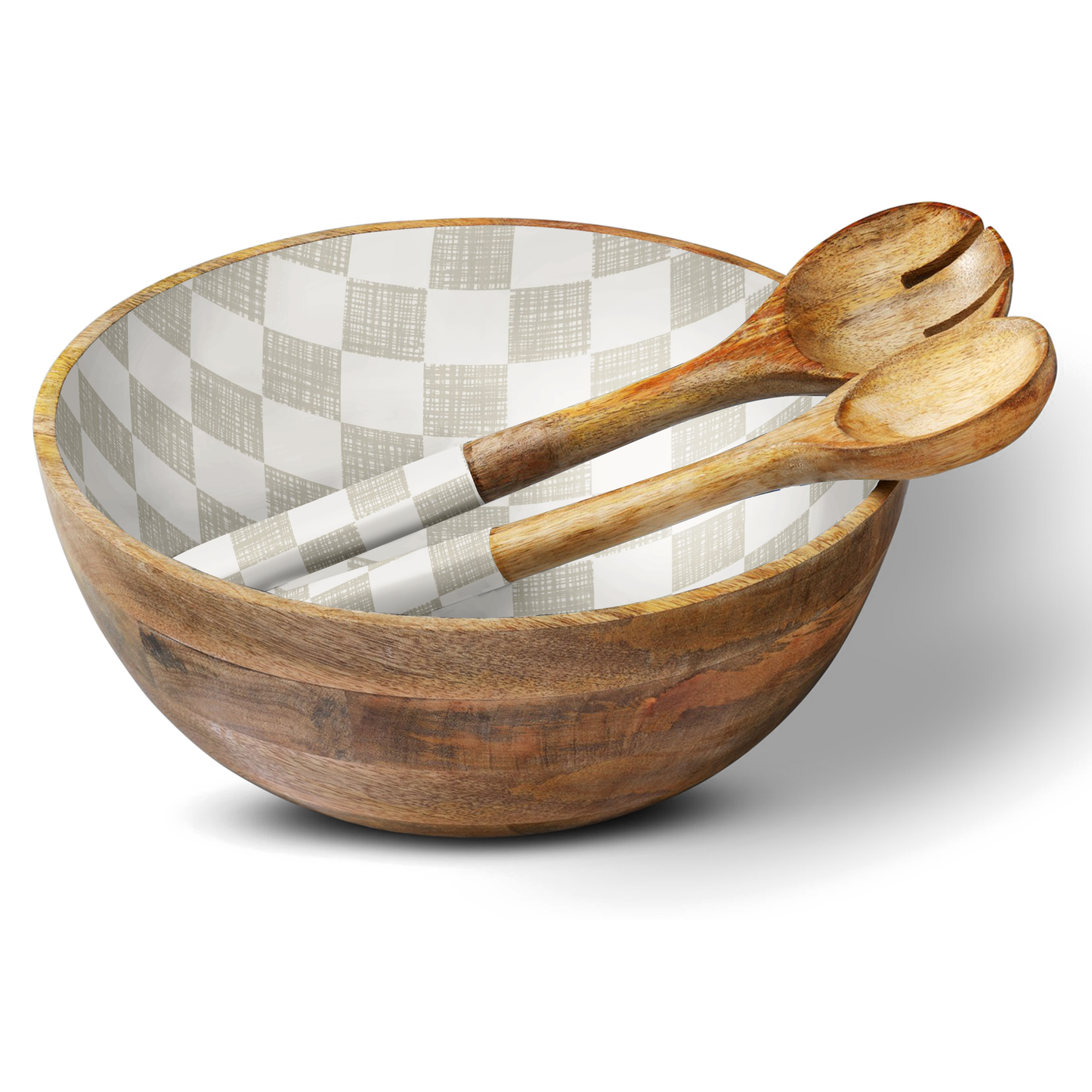 Mango Wood Bowl and Salad Servers- Checkered
