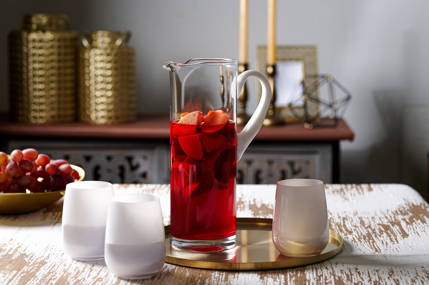 Opal Cylinder Pitcher with White Handle, 64 oz.