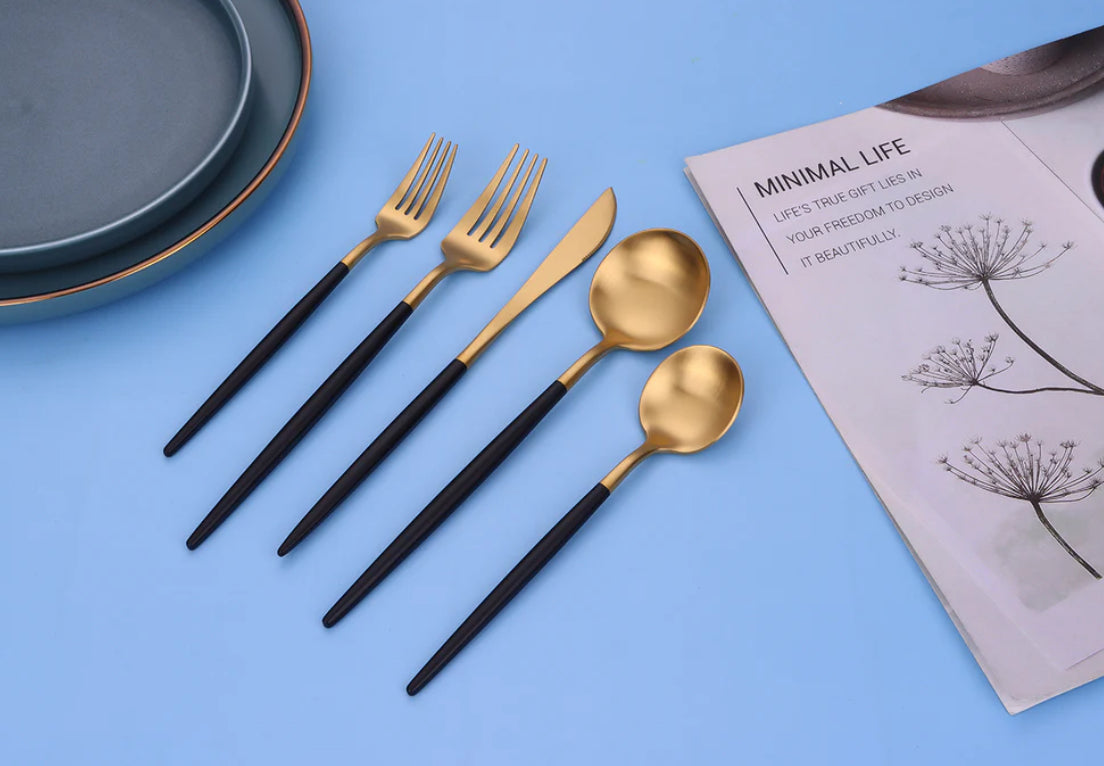 20 Pc Gold and Matte Black Flatware set for 4