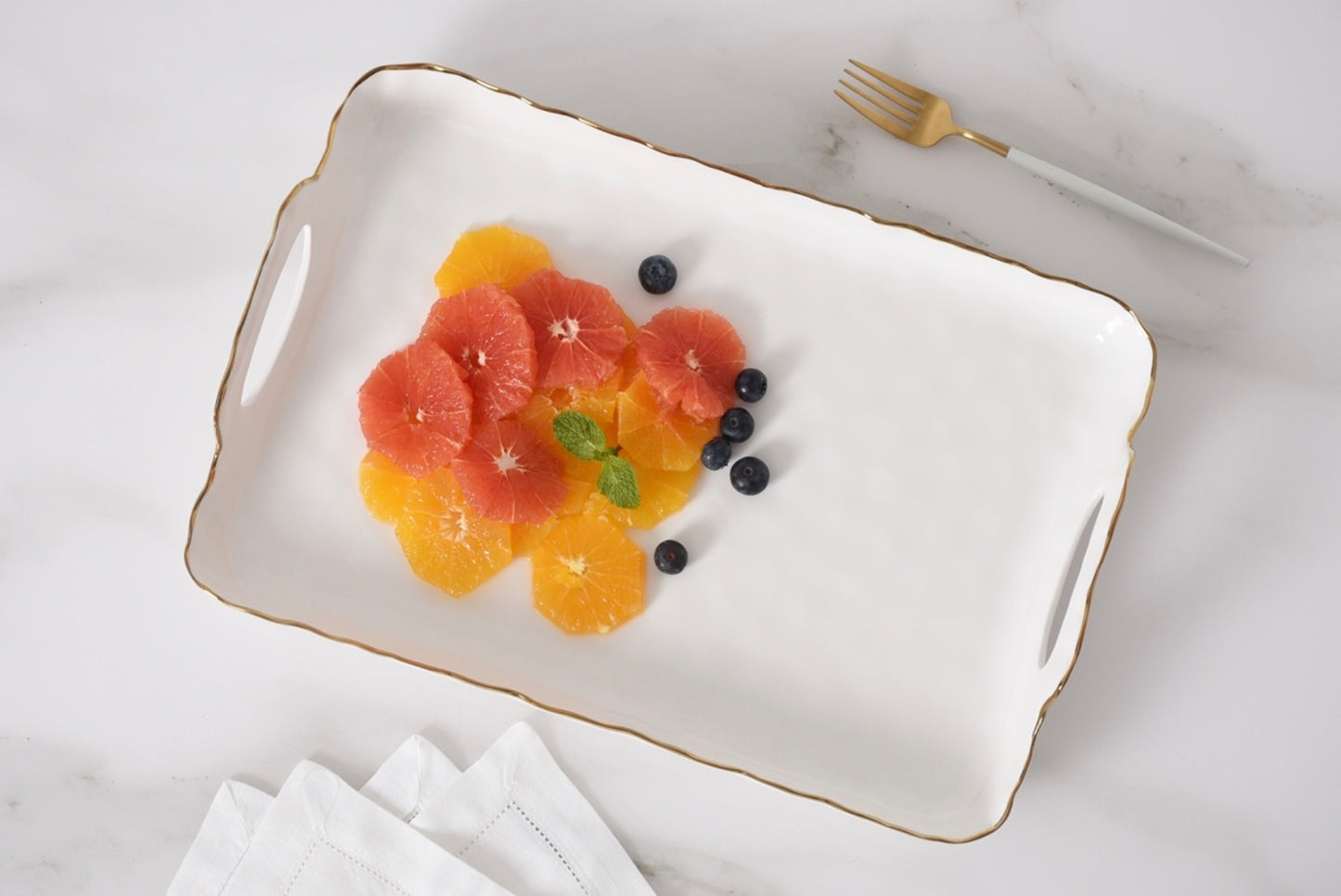 Rectangular tray with handles - gold trim