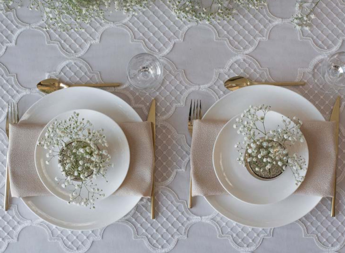 Kingston White/Gold Dots or Solid White Lined Tablecloth- Custom Order