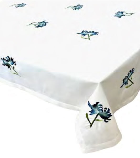 White Linen Flower Print Spill Proof Tablecloth
