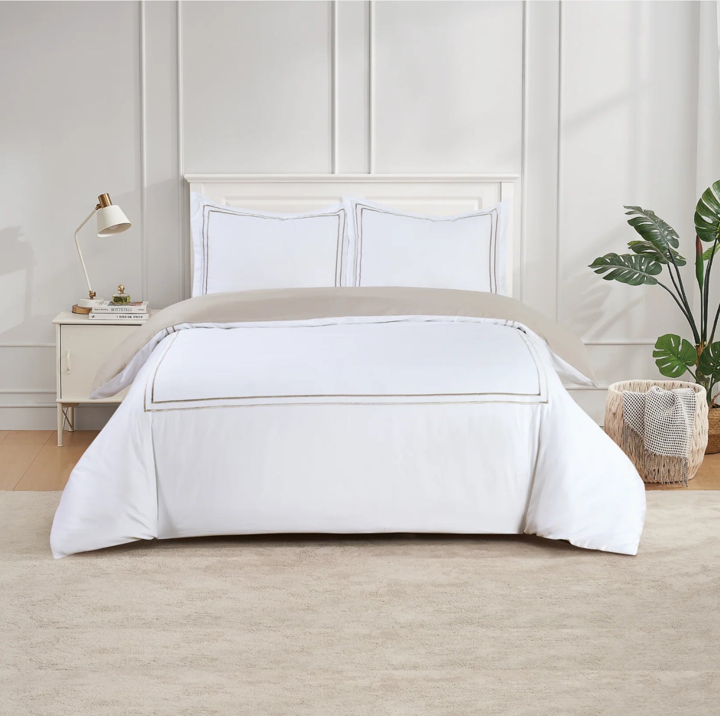 Flora Hotel Collection- White with Taupe/Gray Embroidery