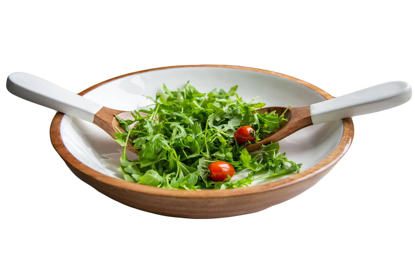 Wood & White Salad Bowl+Servers Set, Large