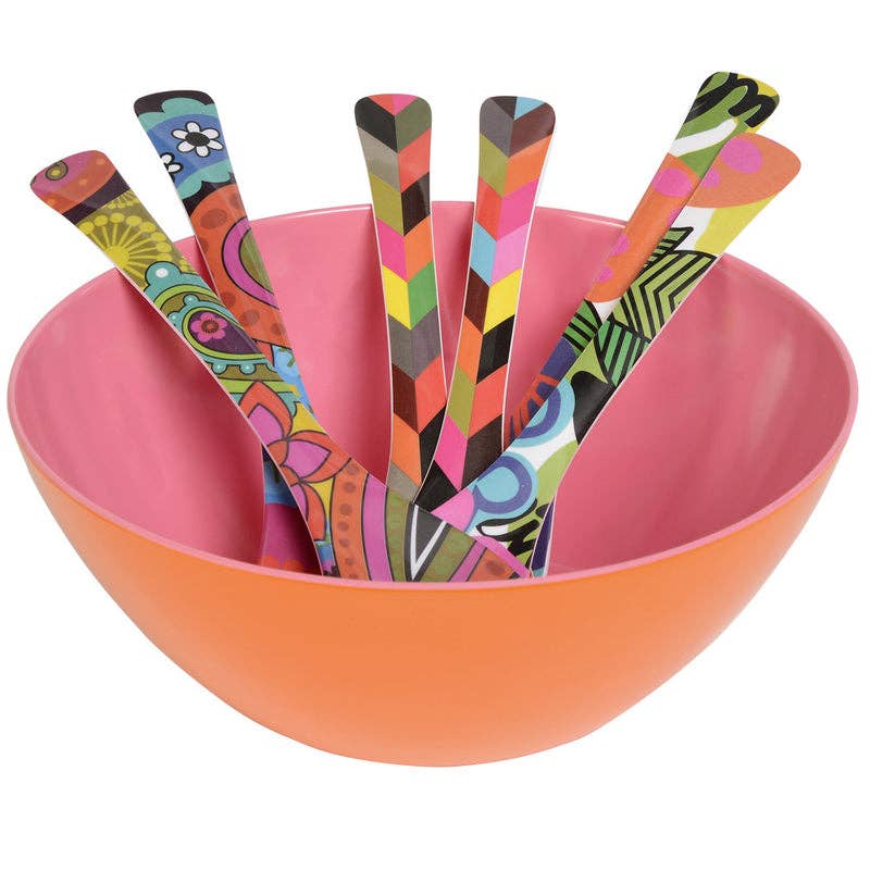 Orange and Pink Two Tone 12.5" Salad Bowl with Ziggy Servers