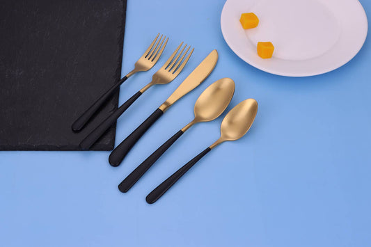 Coloblock 20 Pc Flatware Set with Black Handles, Service  4- clearance