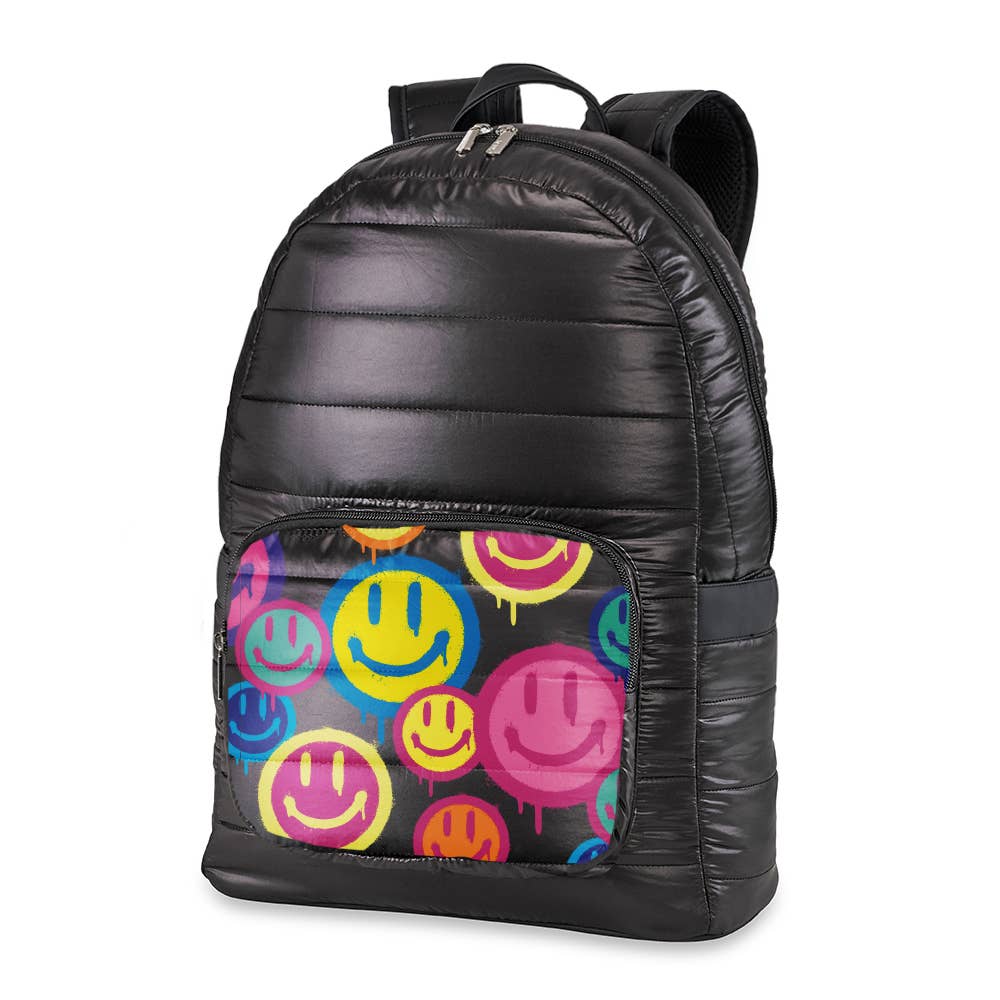 Black Puffer Backpack Spray Smiley Pocket- sale