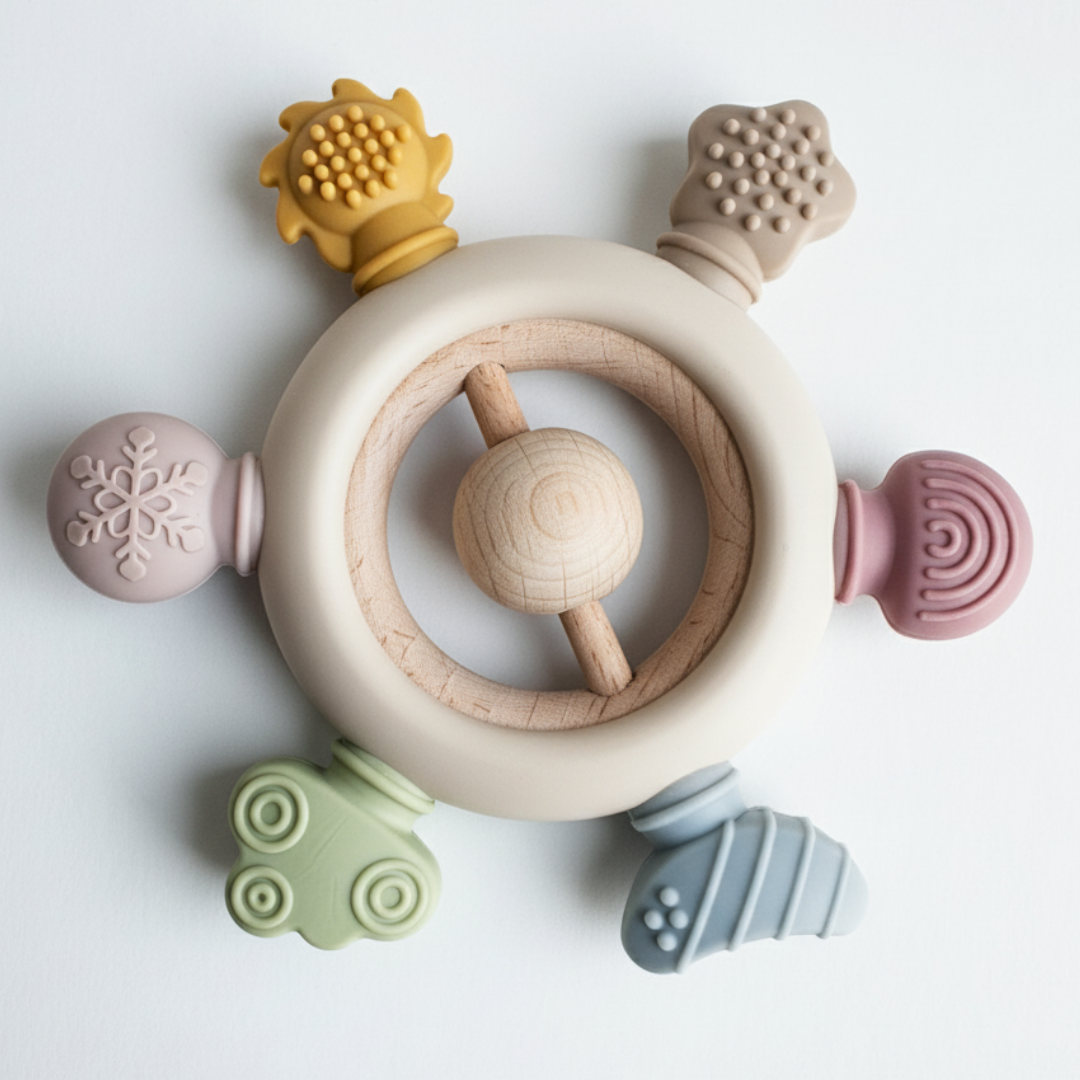 Rainbow Silicone Teether with Wooden Rattle Baby Gift