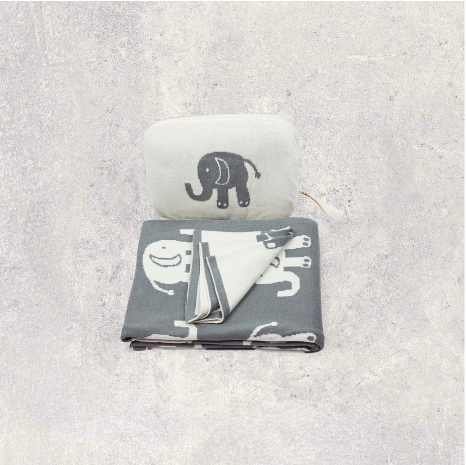 Lucky Elephant Organic Cotton Blanket + Lovey + Pouch