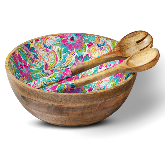 Mango Wood Bowl & Servers -Vibrant Paisley
