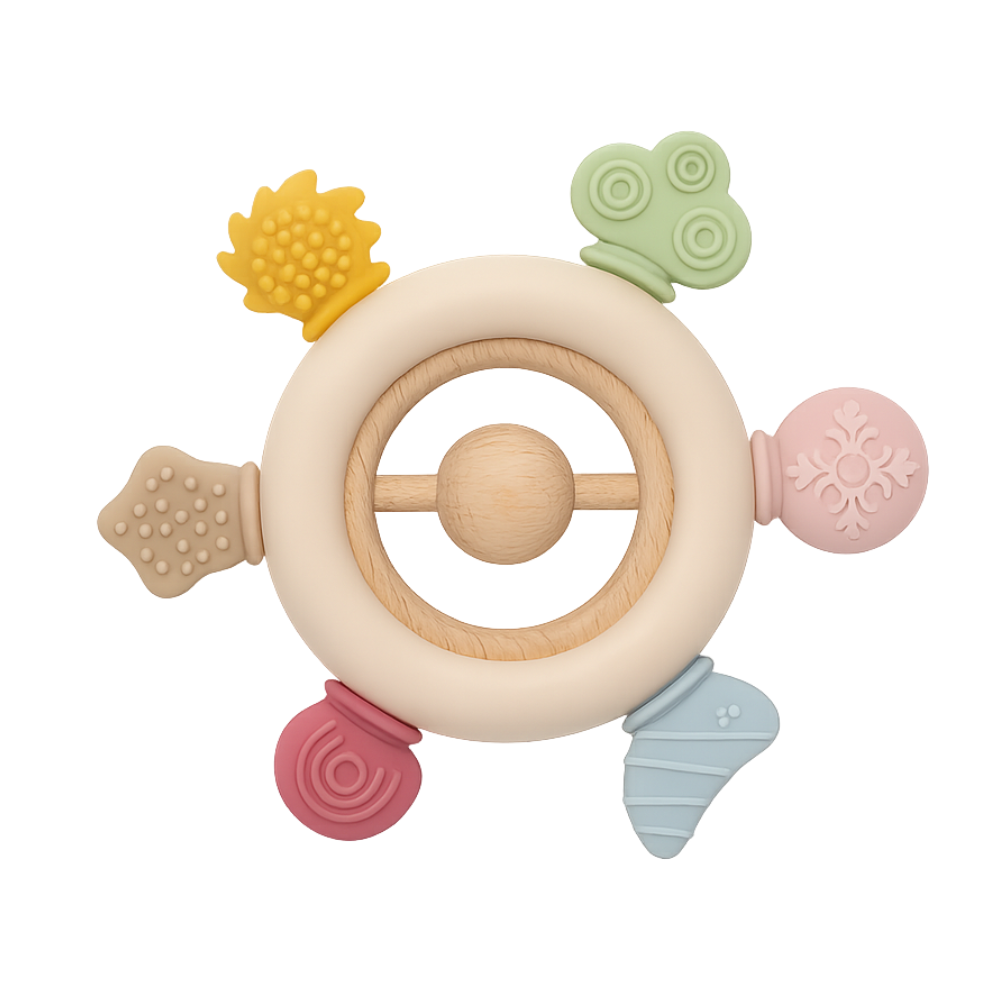 Rainbow Silicone Teether with Wooden Rattle Baby Gift
