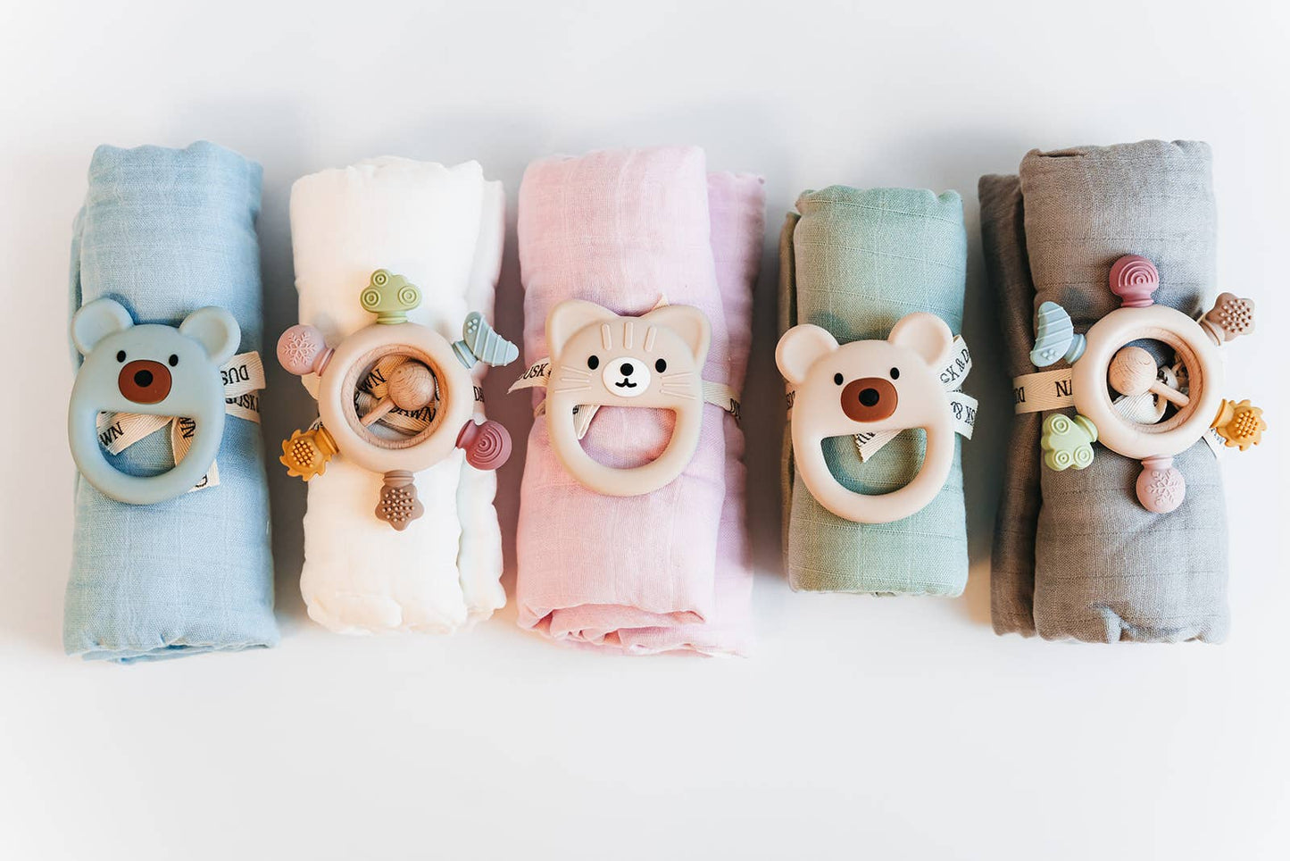Rainbow Silicone Teether with Wooden Rattle Baby Gift