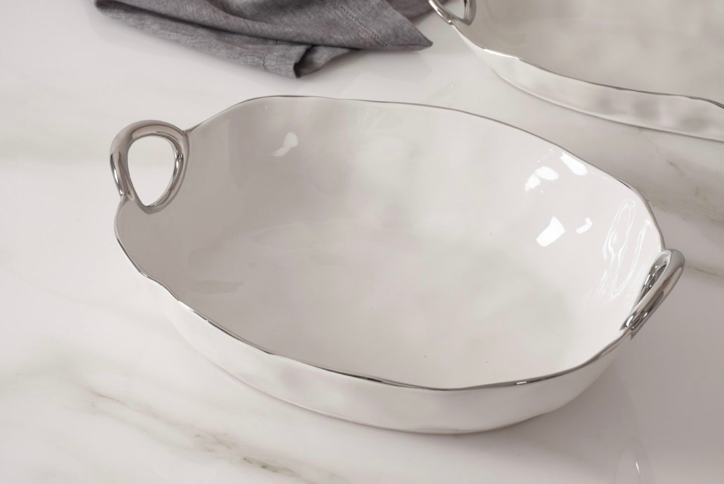 Deep Oval Server w/ Silver Handles