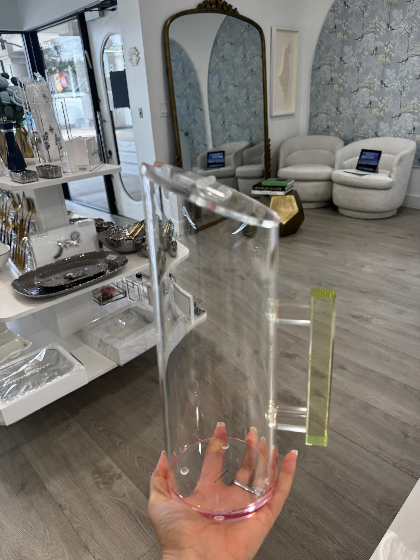 Pink tint lucite pitcher with green handle