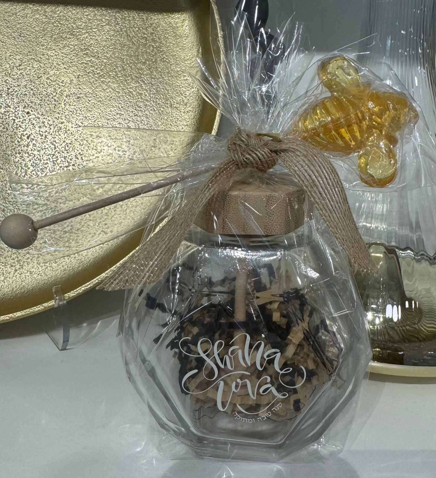 Shana Tova Honey Jar with Dipper and Honey Stick