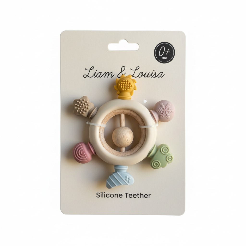 Rainbow Silicone Teether with Wooden Rattle Baby Gift