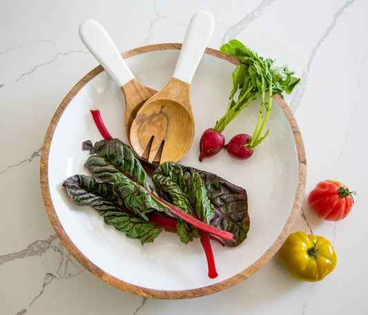 Wood & White Salad Bowl+Servers Set, Large