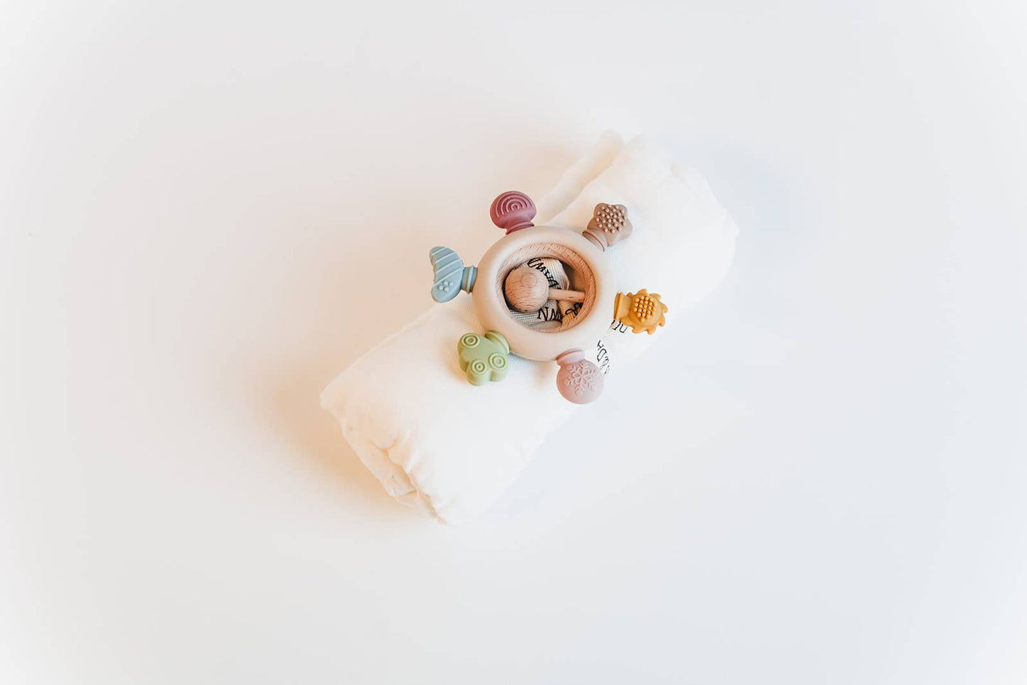 Rainbow Silicone Teether with Wooden Rattle Baby Gift