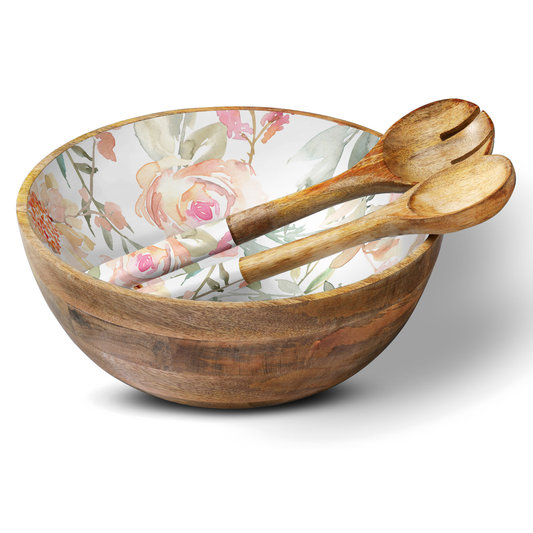 Mango Wood and Salad Servers- Pastel floral