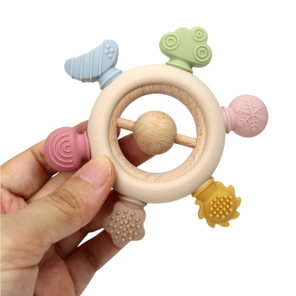 Rainbow Silicone Teether with Wooden Rattle Baby Gift