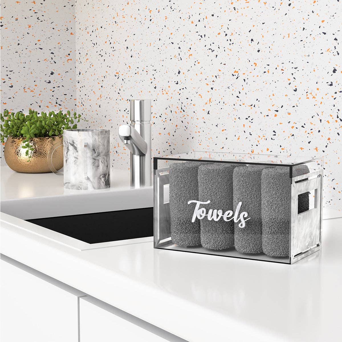 Towel Box in white pearl - 8 gray towels