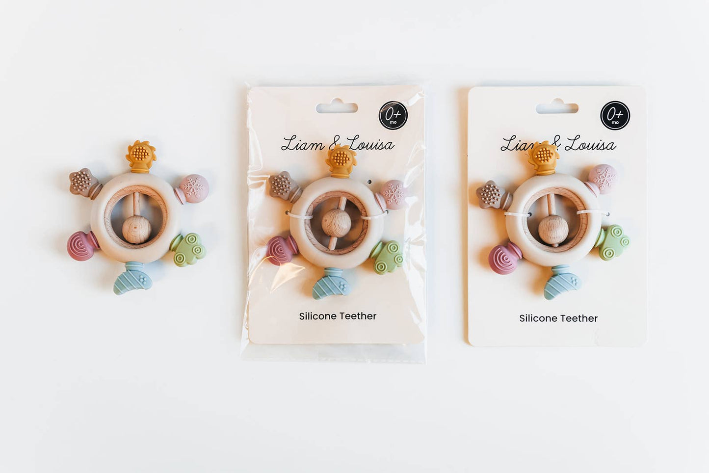 Rainbow Silicone Teether with Wooden Rattle Baby Gift