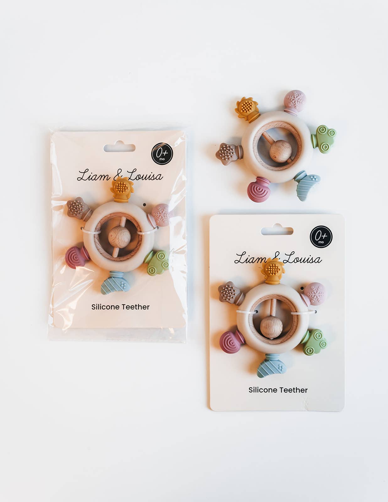 Rainbow Silicone Teether with Wooden Rattle Baby Gift