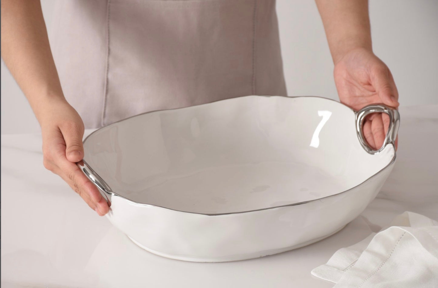 Deep Oval Server w/ Silver Handles