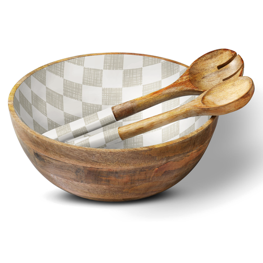 Mango Wood Bowl and Salad Servers- Checkered
