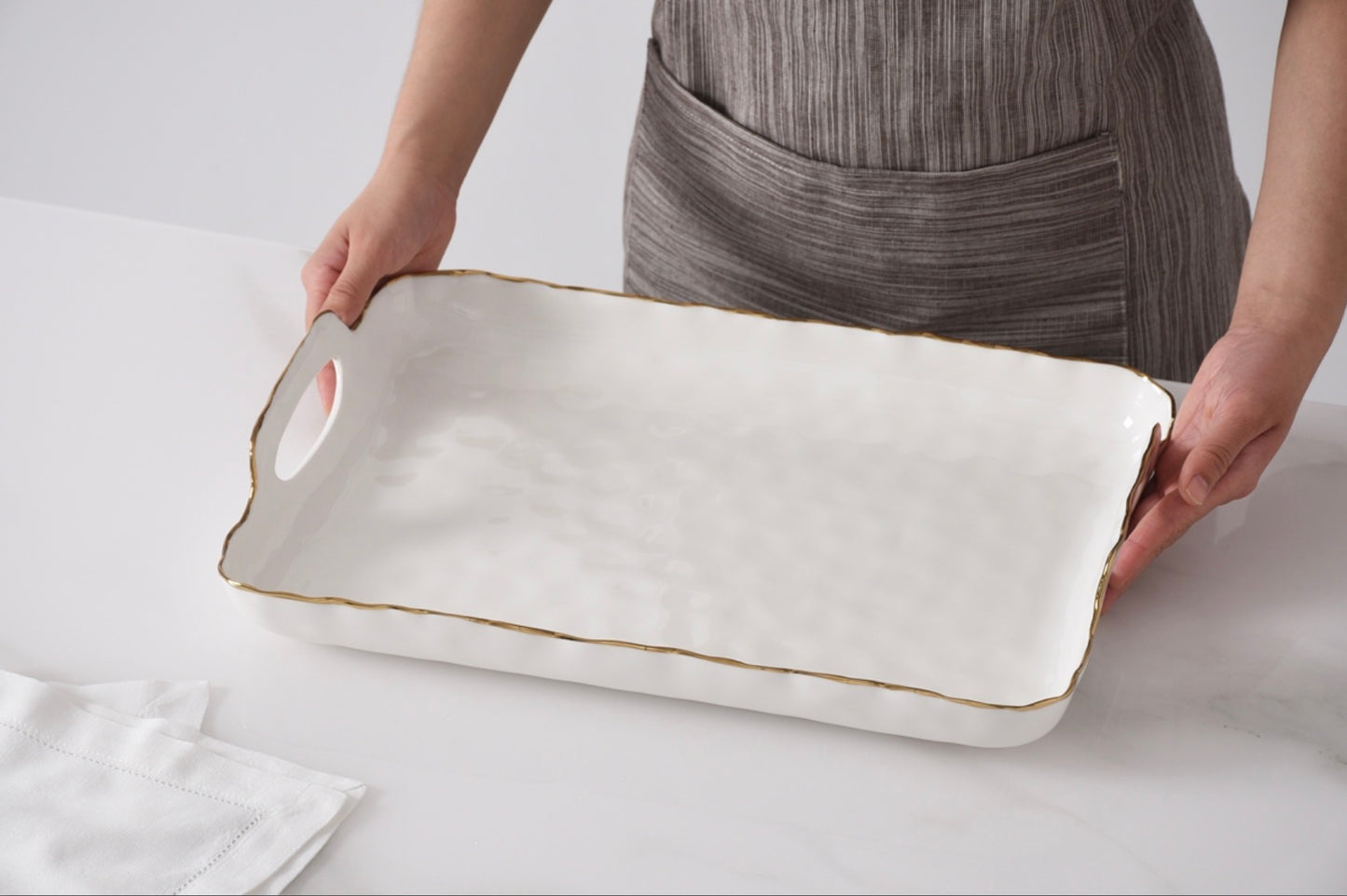 Rectangular tray with handles - gold trim