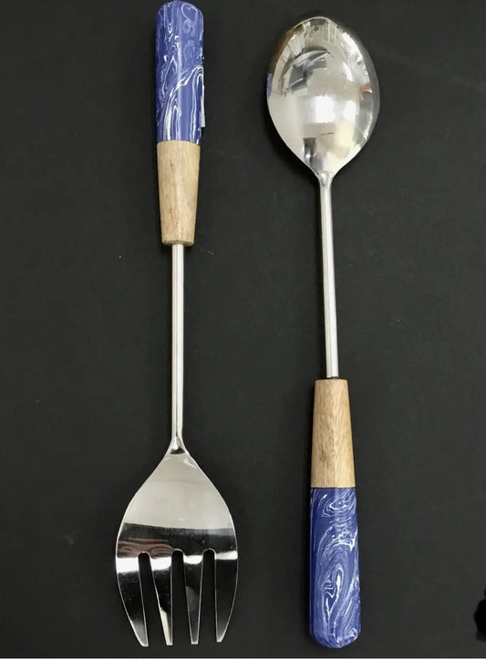 Blue Dipped Stainless Steel & Wood Servers