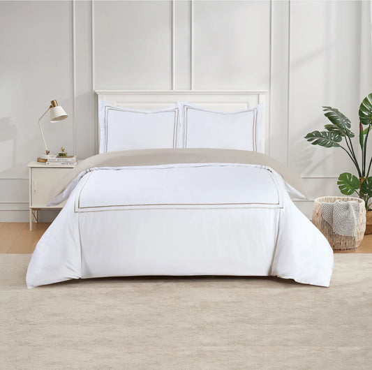 Flora Hotel Collection- White with Taupe/Gray Embroidery
