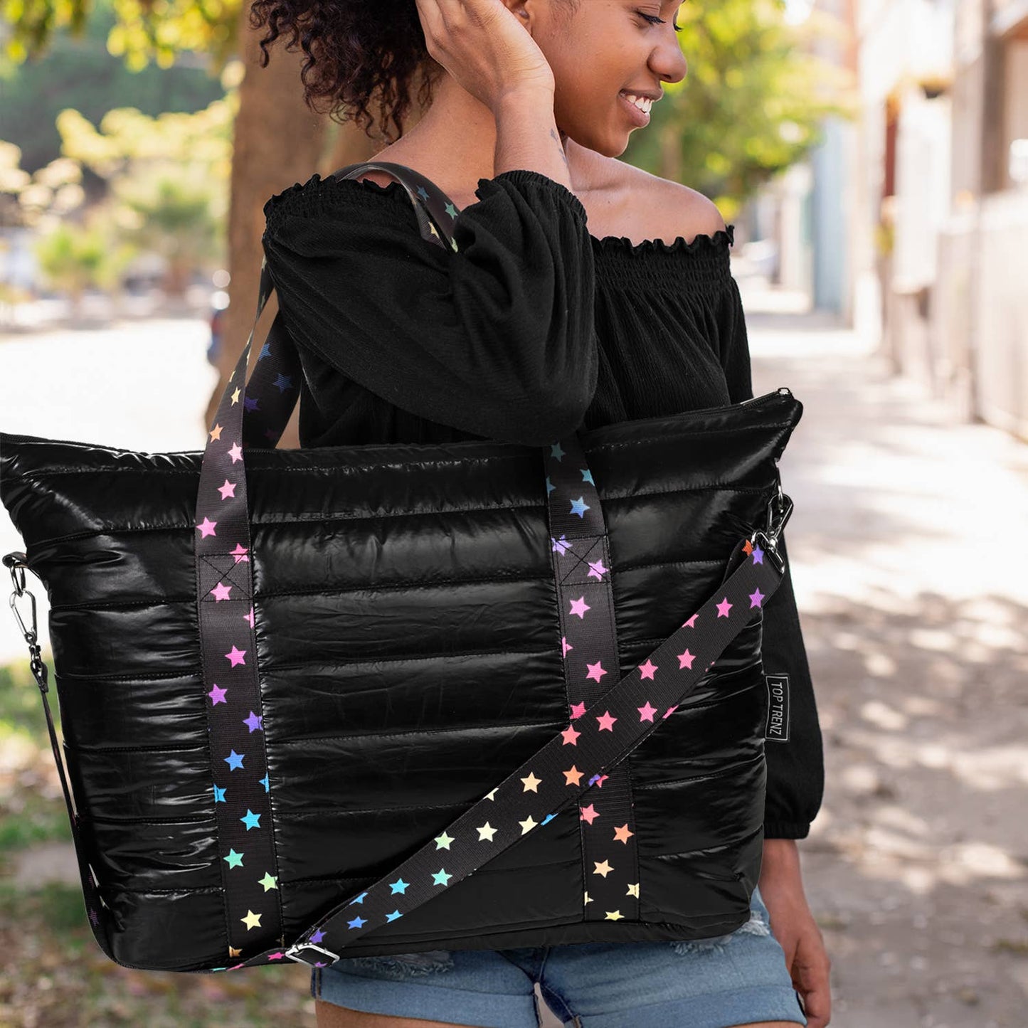 Black Puffer Tote  with Scatter Star Strap