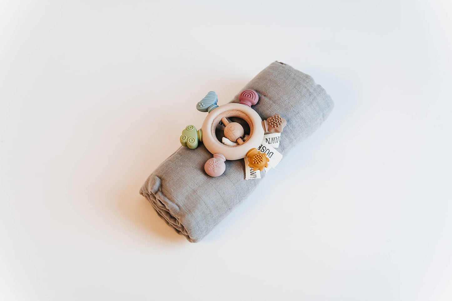 Rainbow Silicone Teether with Wooden Rattle Baby Gift