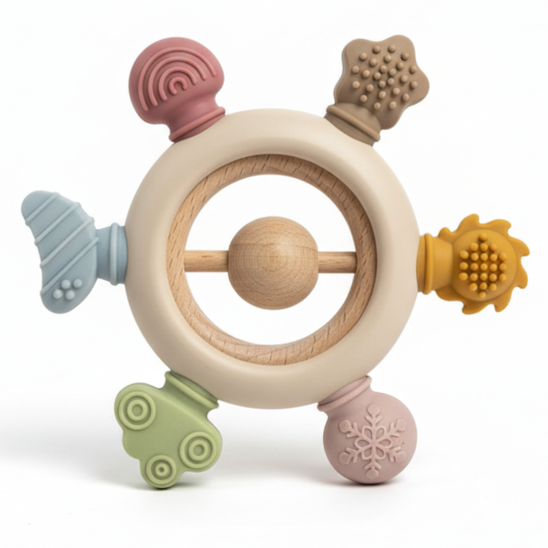 Rainbow Silicone Teether with Wooden Rattle Baby Gift