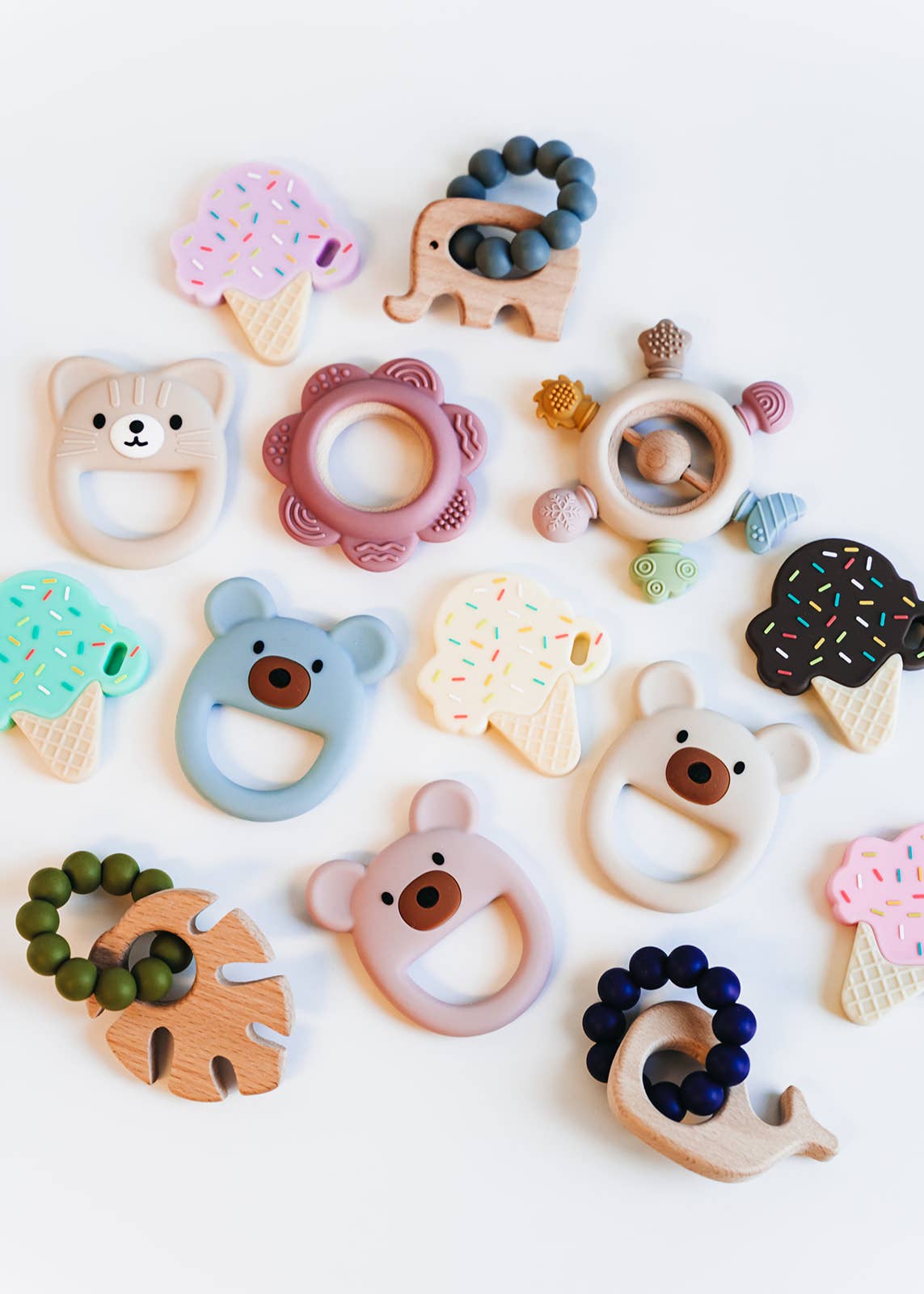 Rainbow Silicone Teether with Wooden Rattle Baby Gift