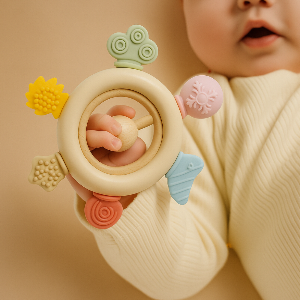 Rainbow Silicone Teether with Wooden Rattle Baby Gift