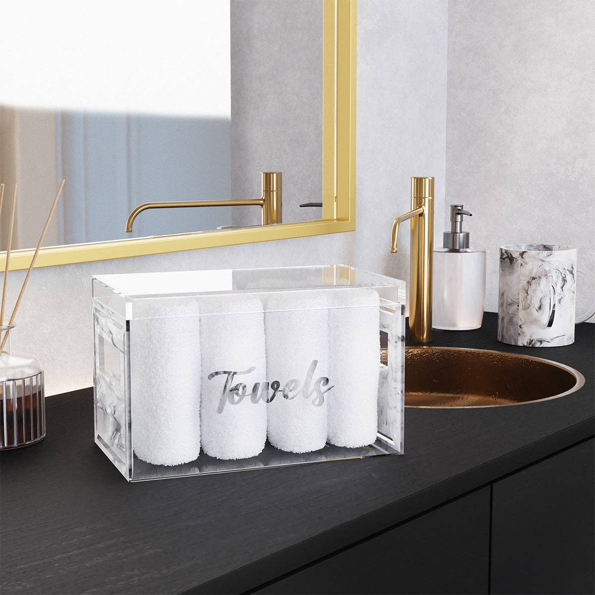 Towel Box in white pearl - 8 gray towels