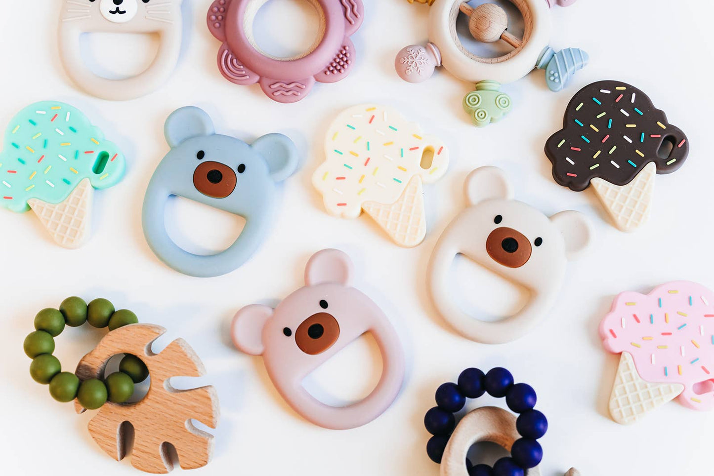 Rainbow Silicone Teether with Wooden Rattle Baby Gift