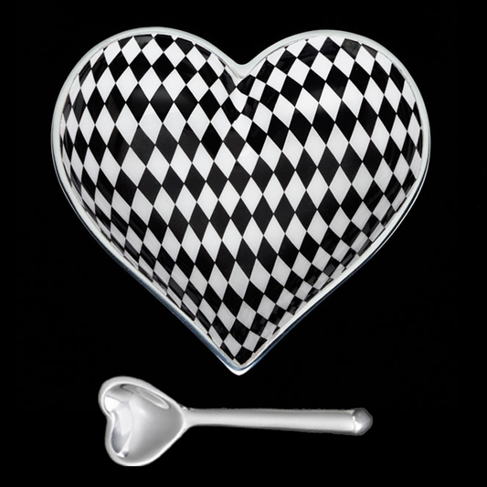 Happy Black and White Harlequin Heart with Heart Spoon