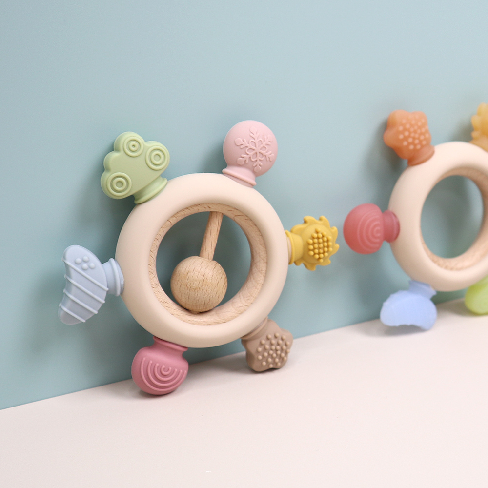 Rainbow Silicone Teether with Wooden Rattle Baby Gift