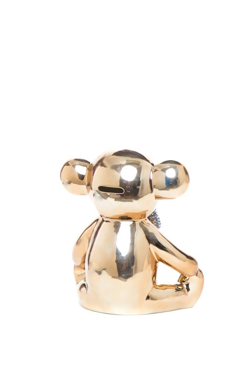 Interior Illusion Bronze Bear with Rhinestone Bow Tie Piggy Bank