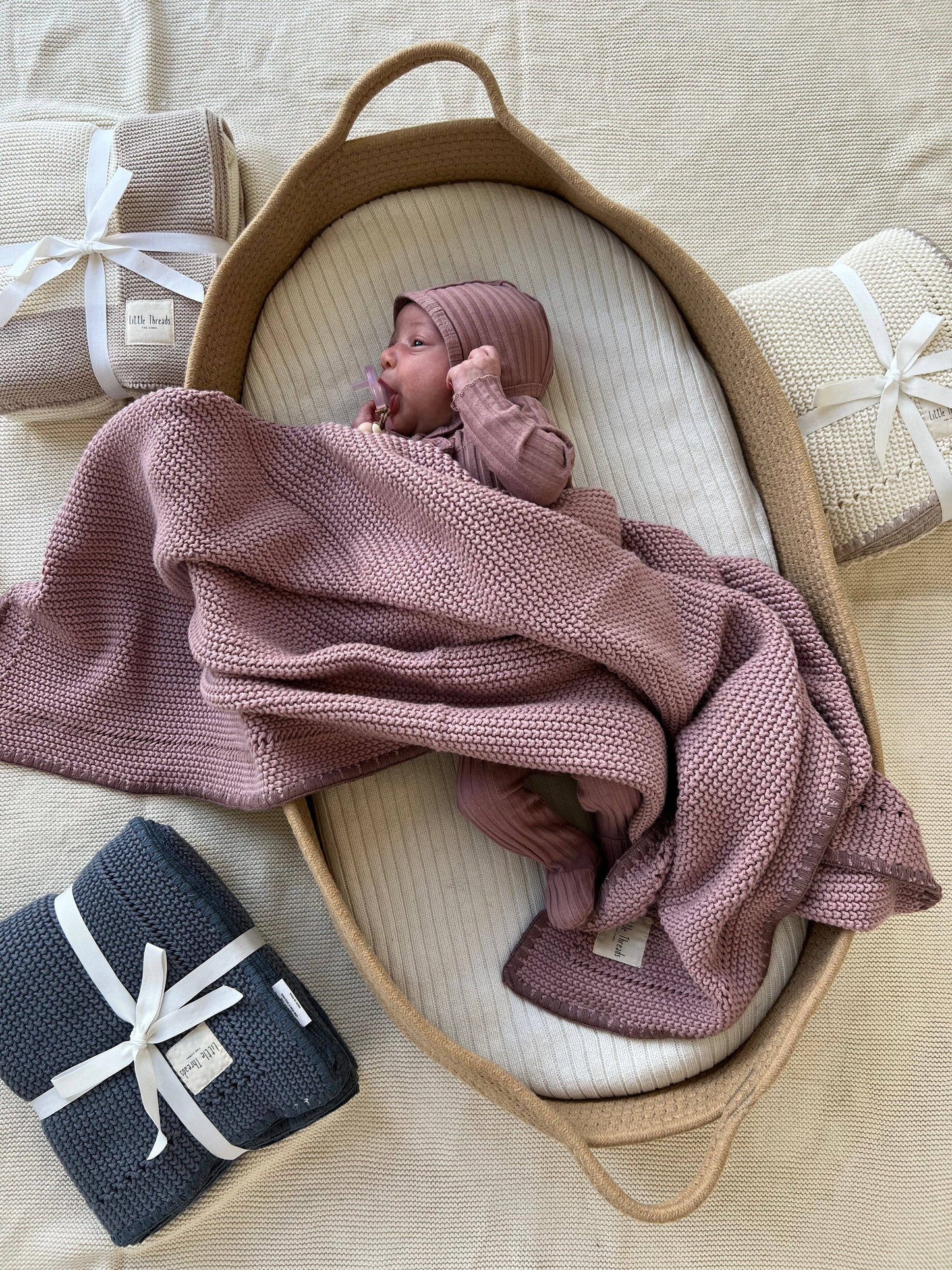 Mauve Knitted Cotton Blanket